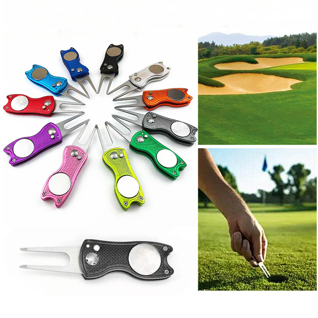 Precio de fábrica, herramienta de reparación de Golf, herramienta Divot de Golf plegable de acero inoxidable, herramienta de botón emergente de Golf magnético, marcador de pelota de Golf